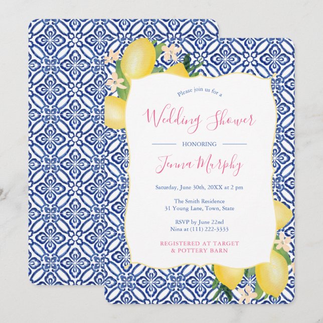 Invitation Aquarelle Citrons italiens Carrelage bleu Wedding  (Devant / Derrière)