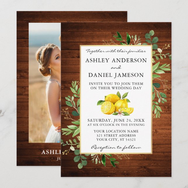 Invitation Aquarelle Citrons Mariage photo bois (Devant / Derrière)