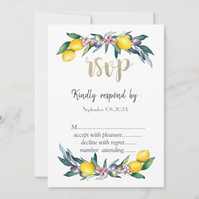 Invitation Aquarelle Citrons Olives RSVP (Devant)