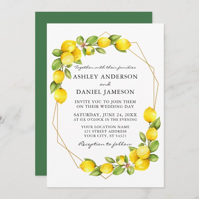 Invitation Aquarelle Citrons vert Geo Frame Vert Mariage (Devant / Derrière)