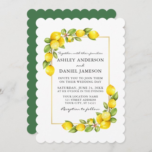 Invitation Aquarelle Citrons Vert Mariage Vert (Devant / Derrière)