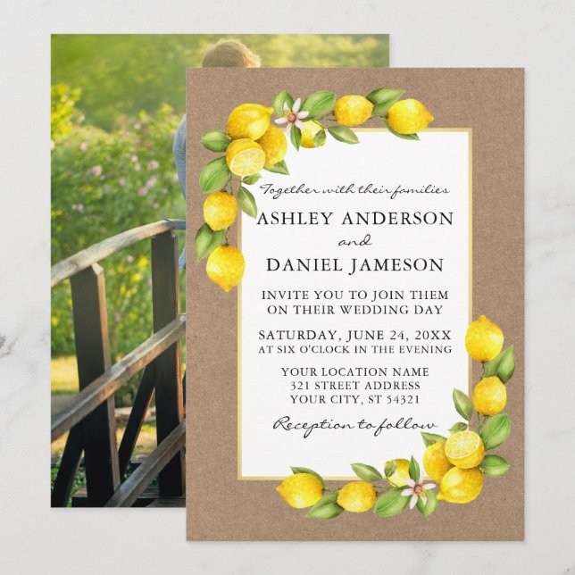 Invitation Aquarelle Citrons Vert Photo Kraft Mariage (Devant / Derrière)