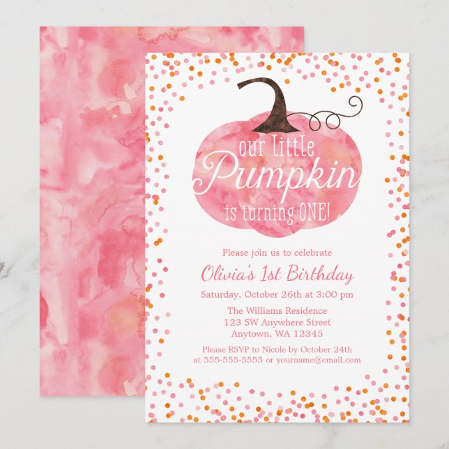 Invitation Aquarelle Citrouille Confetti Fille premier annive (Devant / Derrière)