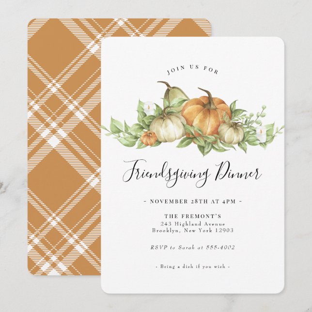 Invitation Aquarelle Citrouille Gourd Green Friendsgiving (Devant / Derrière)