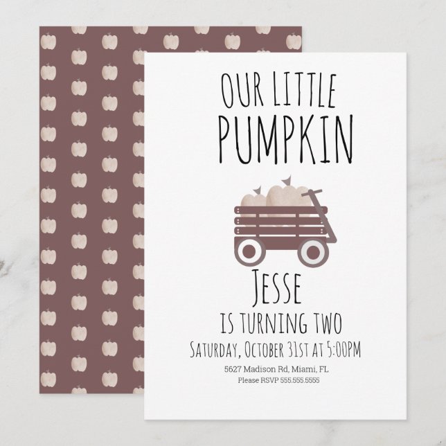 Invitation Aquarelle Citrouille Patch Automne Wagon Brown Ann (Devant / Derrière)