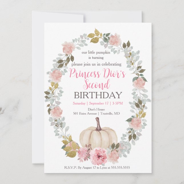 Invitation Aquarelle Citrouille rose mignonne 2e anniversaire (Devant)