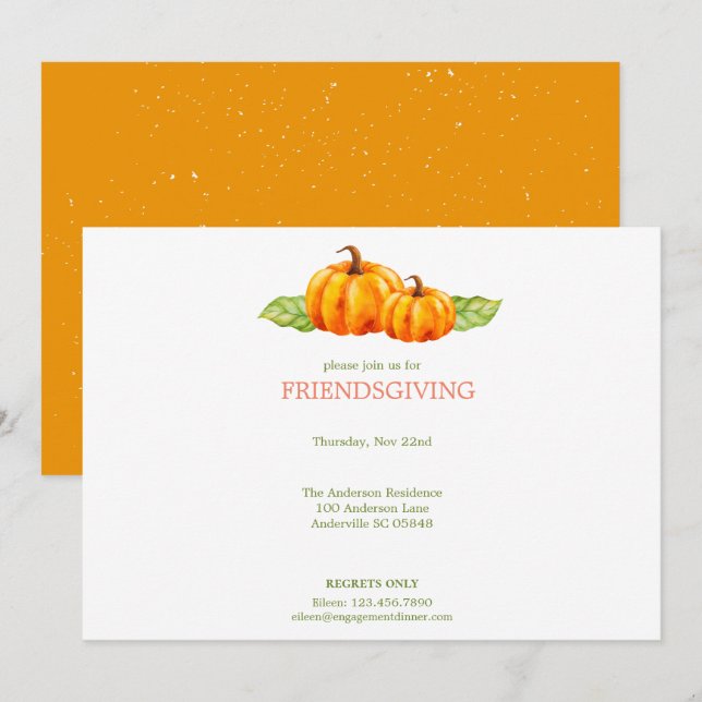 Invitation Aquarelle Citrouilles Amical Thanksgiving (Devant / Derrière)