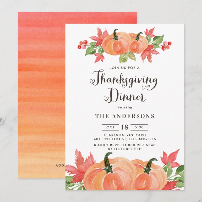 Invitation Aquarelle Citrouilles Automne Thanksgiving Dîner (Devant / Derrière)