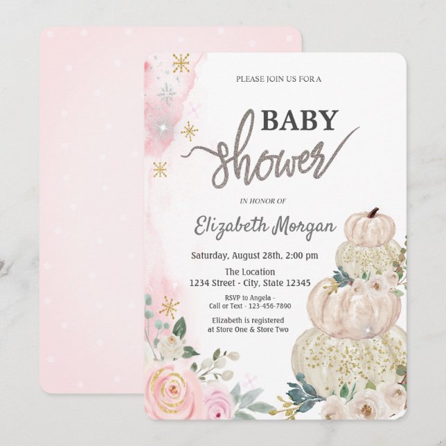 Invitation Aquarelle Citrouilles Fleurs Pois Baby shower  (Devant / Derrière)