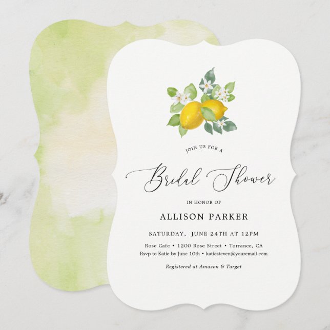 Invitation Aquarelle Citrus Citron Fête des mariées d'été (Devant / Derrière)