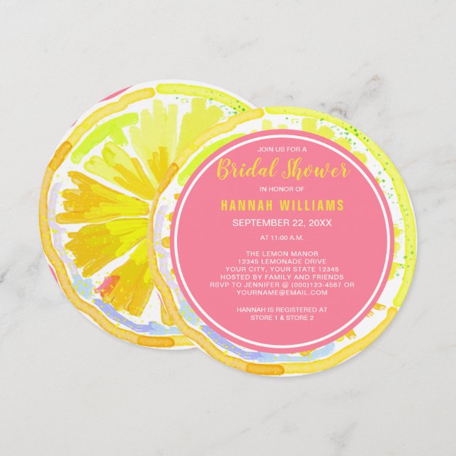 Invitation Aquarelle Citrus citron Fête des mariées rose Invi (Devant / Derrière)