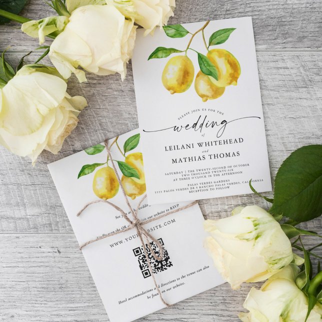 Invitation Aquarelle Citrus citron QR Code Mariage (Our Lemon Citrus Watercolor RSVP QR Code Wedding Invite is the perfect way to simplify your RSVPs.)