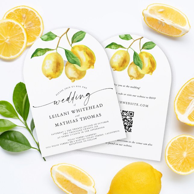 Invitation Aquarelle Citrus citron QR Code Mariage (Our Lemon Citrus Watercolor RSVP QR Code Wedding Invitation is the perfect way to simplify)