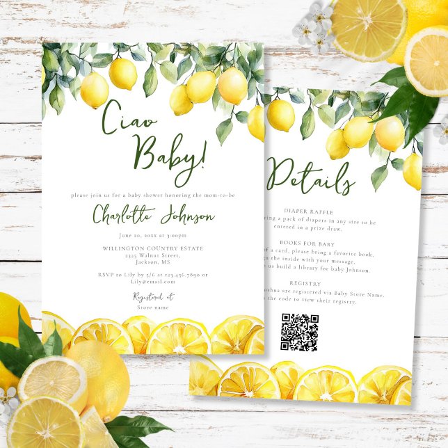 Invitation Aquarelle Citrus Citron Tout En Un Baby shower (Watercolor Lemon Citrus All In One Baby Shower Invitation)
