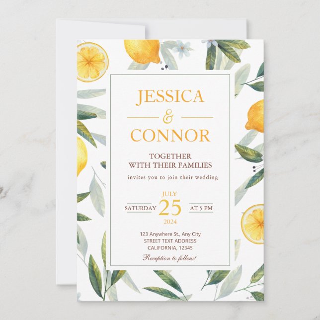Invitation Aquarelle Citrus Citrus Floral Mariage moderne (Devant)