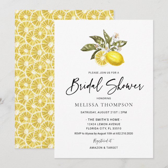 Invitation Aquarelle Citrus Lemon Fête des mariées (Devant / Derrière)