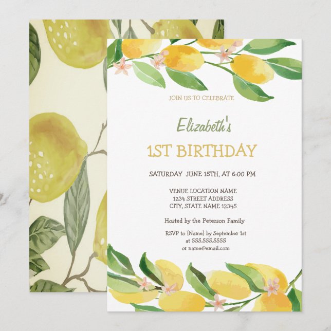 Invitation Aquarelle Citrus Lemons Fleurs Anniversaire (Devant / Derrière)