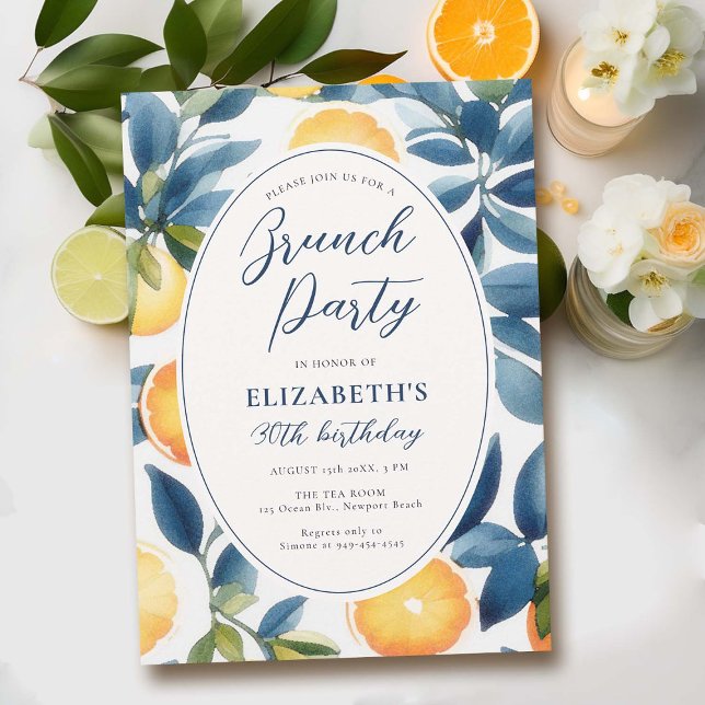 Invitation Aquarelle Citrus Moderne Bleu Orange Anniversaire (birthday brunch invitation card template citrus lemon orange pattern blue tile watercolor elegant )