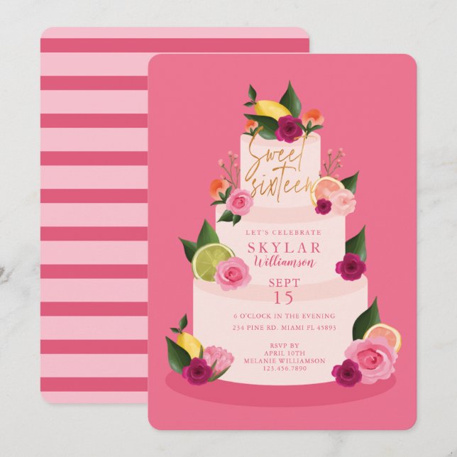 Invitation Aquarelle Citus Floral Sweet sixteen de gâteau de  (Devant / Derrière)