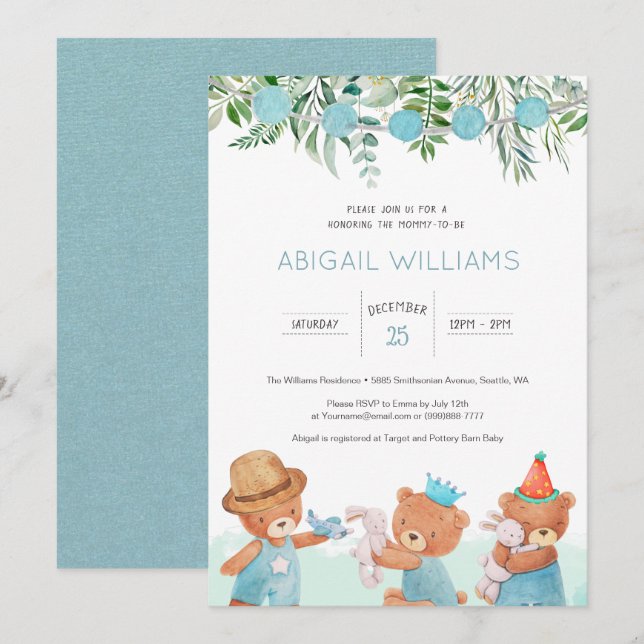 Invitation Aquarelle classique Baby shower Ours en Teddy (Devant / Derrière)