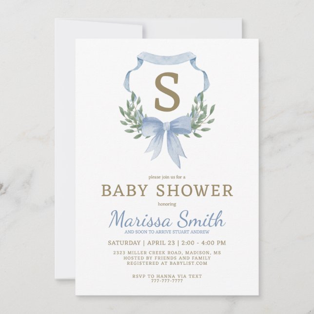 Invitation Aquarelle classique Monogram Baby shower garçon (Devant)