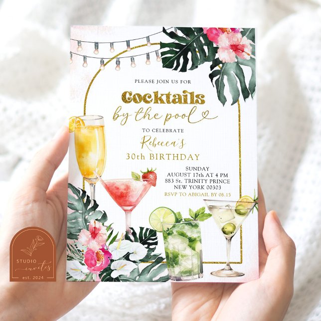 Invitation Aquarelle Cocktail by the Pool Adulte Birthday (Créateur téléchargé)