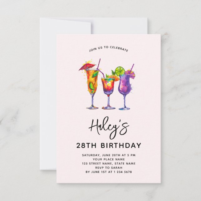 Invitation Aquarelle Cocktails 28ème anniversaire (Devant)