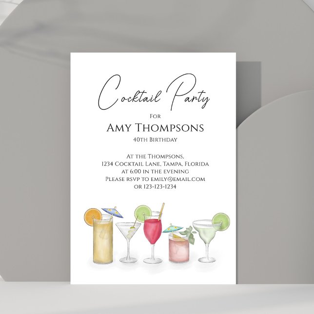 Invitation Aquarelle Cocktails Adulte Anniversaire (Watercolor cocktail party invitation with whimsy cocktail drinks. )
