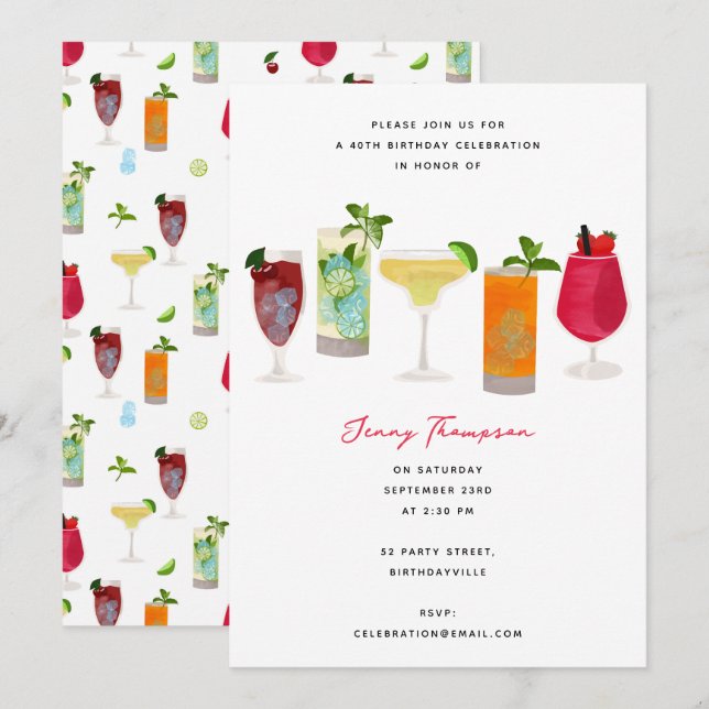 Invitation Aquarelle Cocktails Fête Boissons Anniversaire (Devant / Derrière)