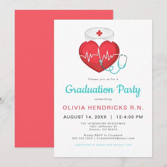 Invitation Aquarelle Coeur Stethoscope Infirmière Diplôme (Devant / Derrière)