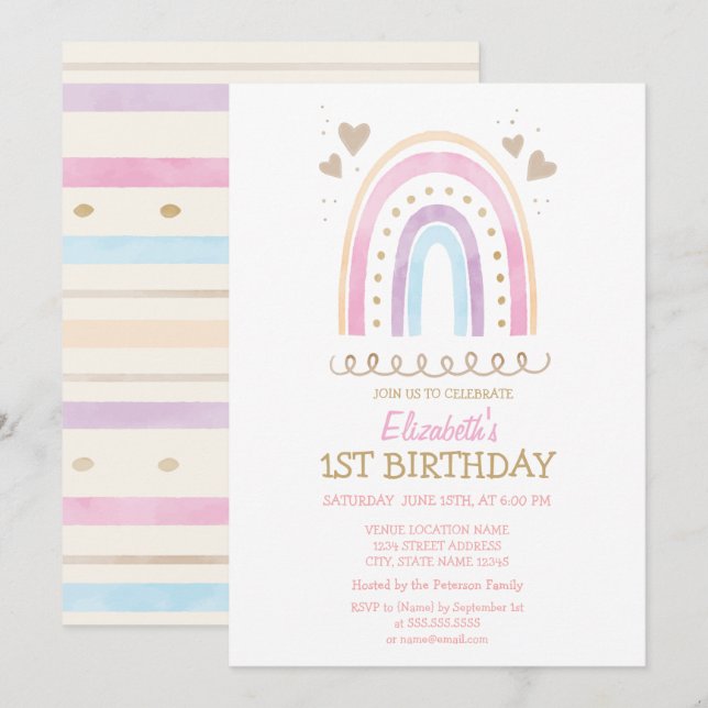 Invitation Aquarelle Coeurs arc-en-ciel rayés Anniversaire (Devant / Derrière)