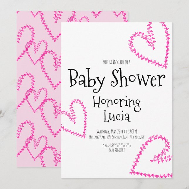 Invitation Aquarelle Coeurs Timbre Wreath Love Baby shower (Devant / Derrière)