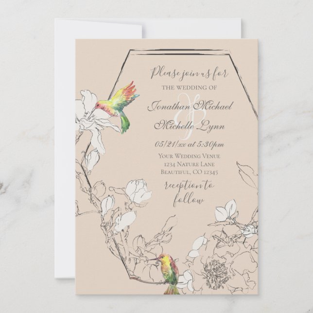 Invitation Aquarelle Colibri Floral Mariage géométrique (Devant)
