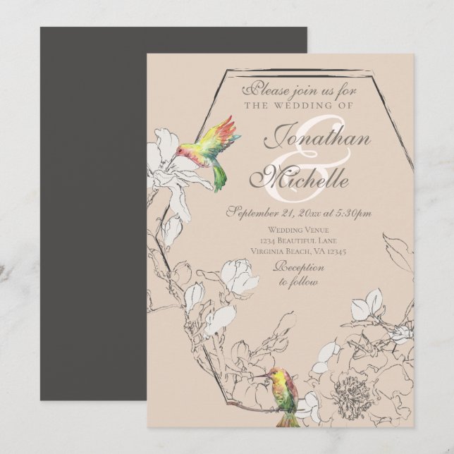 Invitation Aquarelle Colibri Floral Mariage géométrique (Devant / Derrière)