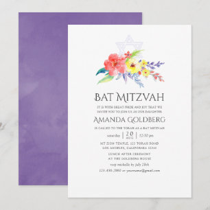 Invitation Aquarelle colorée Bat mitzvah floral