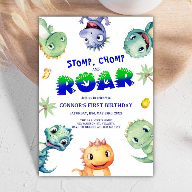 Invitation Aquarelle colorée Dinosaure Premier anniversaire f (Colorful Watercolor Dinosaur First Birthday Party Invitation)