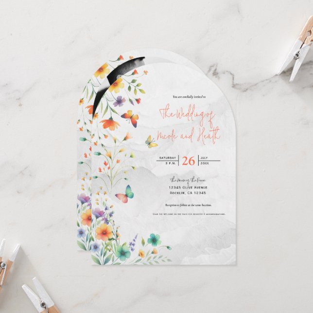 Invitation Aquarelle colorée Floral Butterfly Mariage (Devant/Arrière en situation)
