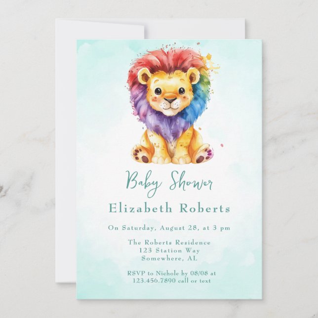 Invitation Aquarelle colorée Lion N'importe quel Baby shower  (Devant)