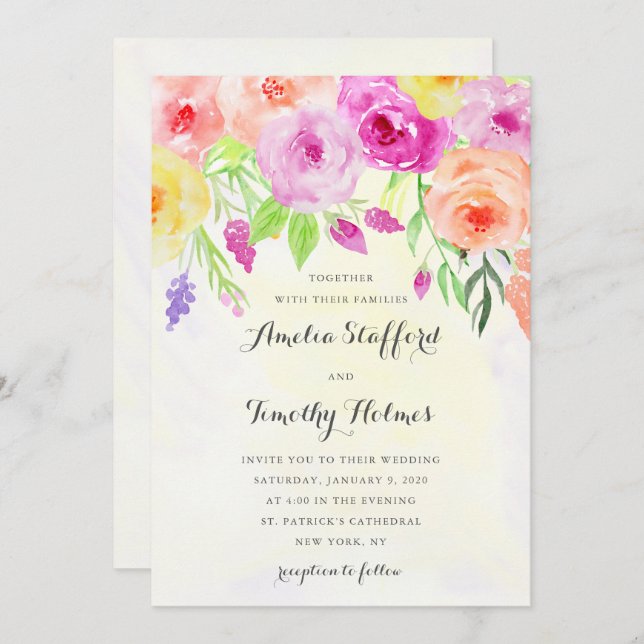 Invitation Aquarelle colorée Mariage floral (Devant / Derrière)