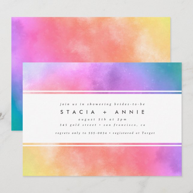 Invitation Aquarelle colorée moderne Fête des mariées arc-en- (Devant / Derrière)