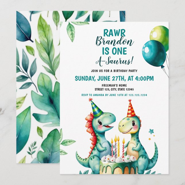 Invitation Aquarelle Colorée Trex Dinosaur 1er anniversaire (Devant / Derrière)