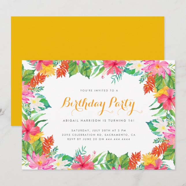 Invitation Aquarelle colorée Tropical Summer Birthday Party (Devant / Derrière)