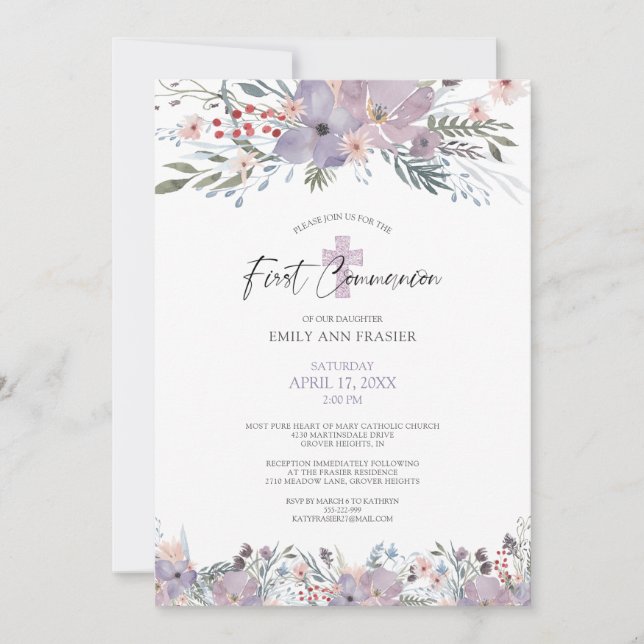 Invitation Aquarelle Communion Fleurs sauvages floraux pourpr (Devant)