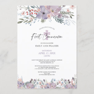 Invitation Aquarelle Communion Fleurs sauvages floraux pourpr