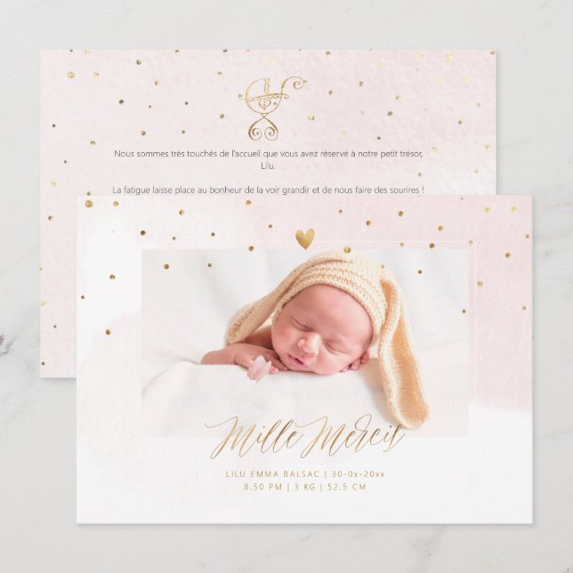 Invitation Aquarelle Confettis Remerciement Naissance Fille (Devant / Derrière)