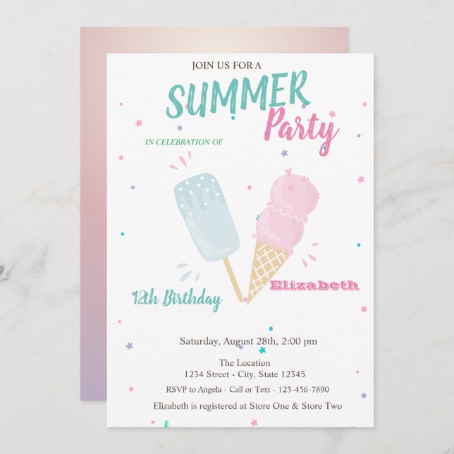 Invitation Aquarelle cool Glaces Fête d'été (Devant / Derrière)