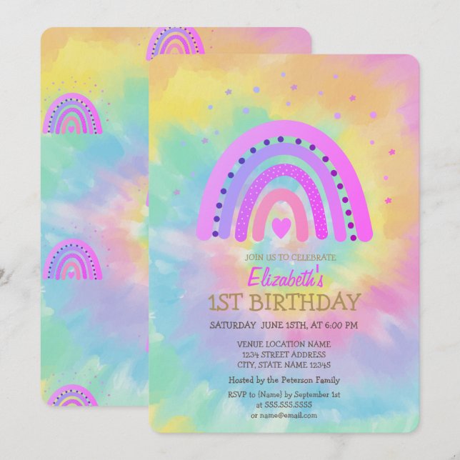 Invitation Aquarelle cool Rainbow Tie Dye Anniversaire (Devant / Derrière)