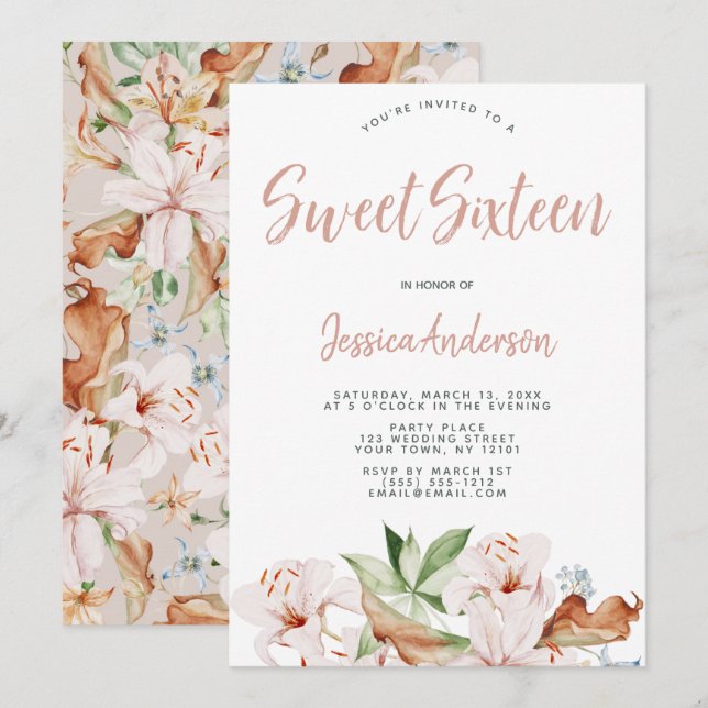 Invitation Aquarelle Cora Blush rose Sweet sixteen Floral (Devant / Derrière)