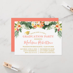 Invitation Aquarelle Corail Tropical Floral Gold Grad Party