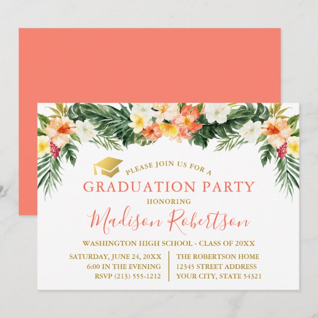 Invitation Aquarelle Corail Tropical Floral Gold Grad Party (Devant / Derrière)